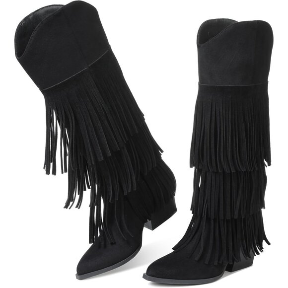 Women Retro Pointed Faux Suede Black Fringe Knee High Western Cowgirl Boot - Picture 1 of 7